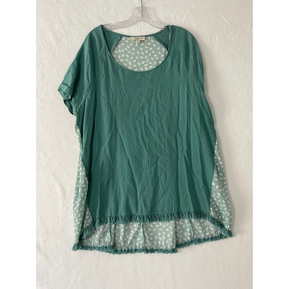 Umgee USA Womens XL Polka Dot Babydoll Tunic Top Fringe Hem Sage Green